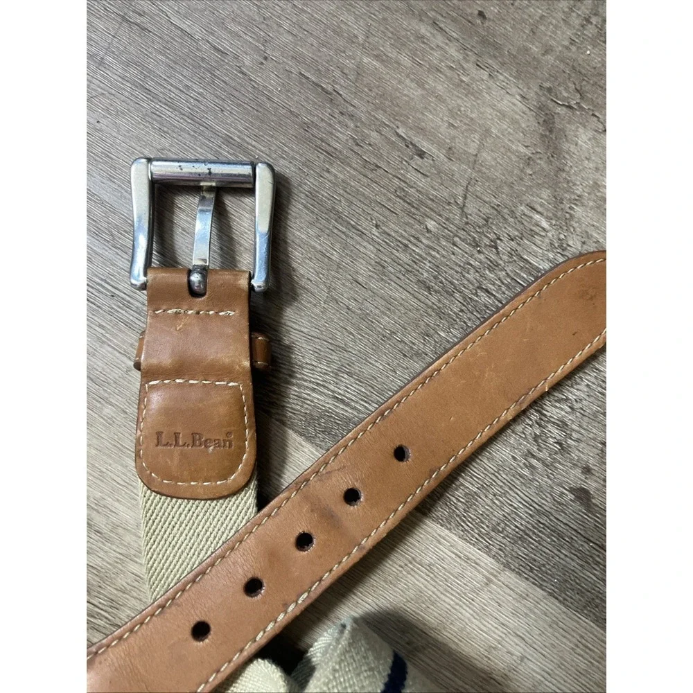 LL Bean Stretch Leather Belt Khaki Navy Stripe Woven Mens 38-40 Silver Buckle